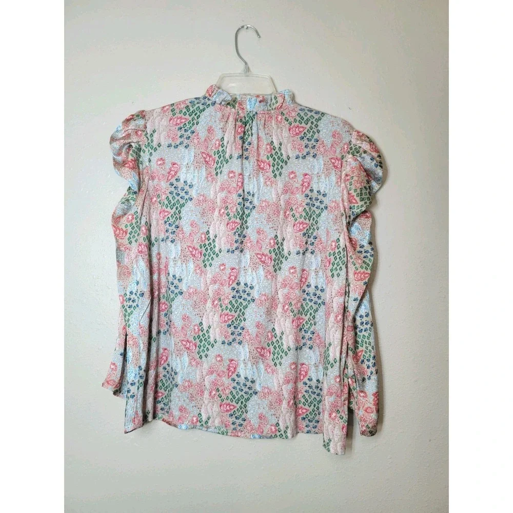 Loft Pink‎ Floral Blouse With Long Puffed Ruched Sleeves Blouse Sz M